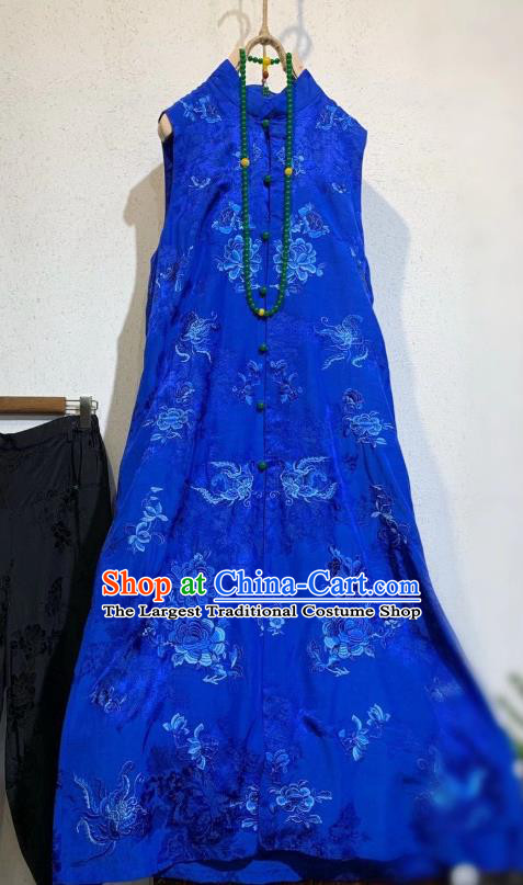 Chinese Traditional Mandarin Long Cheongsam National Clothing Royalblue Silk Qipao Dress