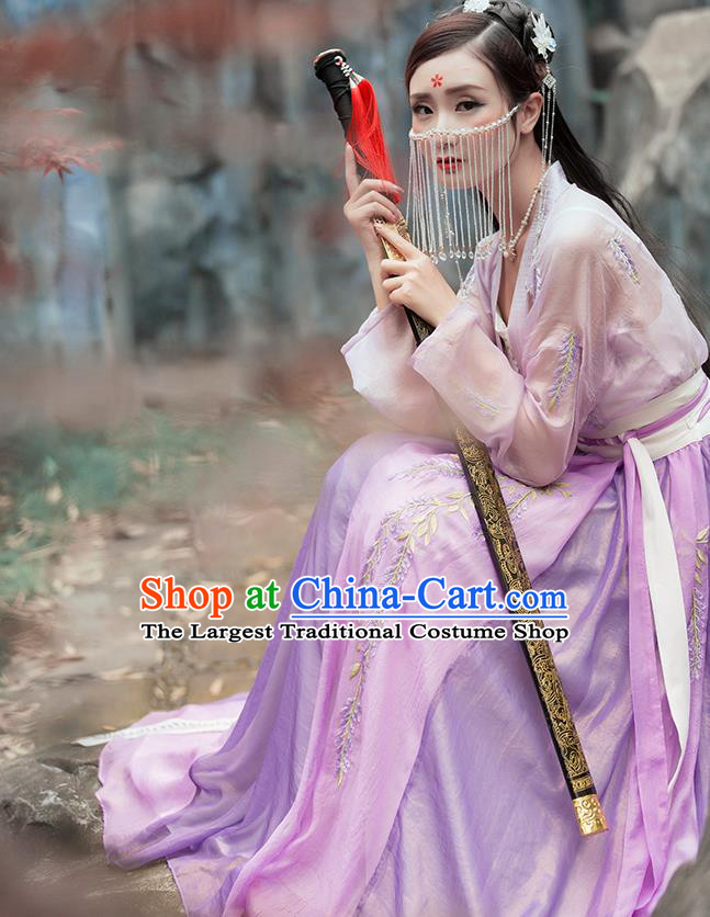 China Ancient Female Swordsman Hanfu Clothing Traditional Ming Dynasty Chivalrous Lady Purple Dress