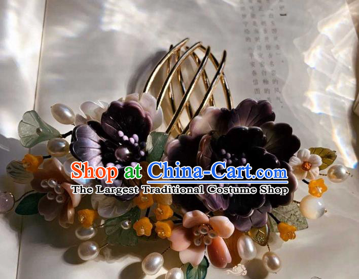 Chinese Handmade Shell Flowers Hair Stick Traditional Ming Dynasty Princess Purple Peony Hair Comb