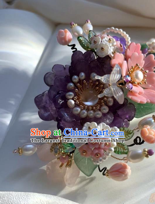 Chinese Handmade Purple Shell Peony Hair Stick Traditional Ming Dynasty Princess Pearls Butterfly Hairpin