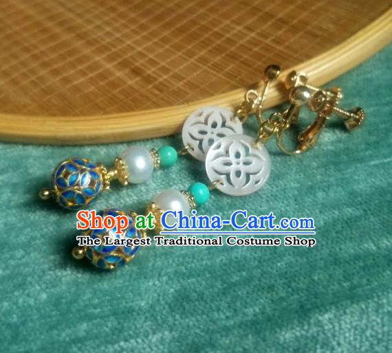 China Traditional Blueing Earrings Ancient Ming Dynasty Shell Ear Jewelry