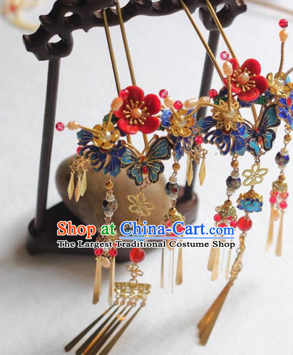 Chinese Handmade Red Plum Hairpin Traditional Ming Dynasty Princess Blueing Butterfly Hair Stick