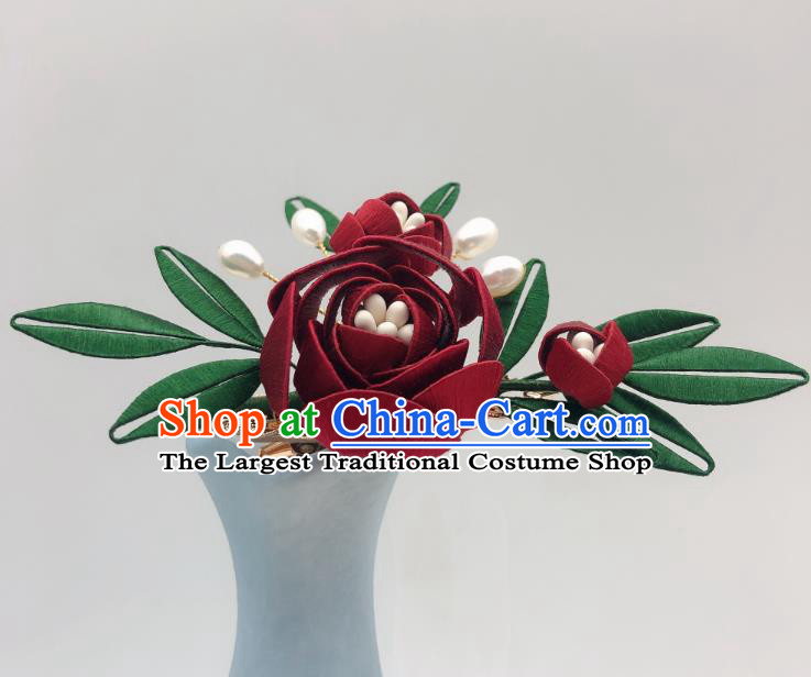 Chinese Handmade Red Rose Hair Stick Traditional Tang Dynasty Princess Hair Claw
