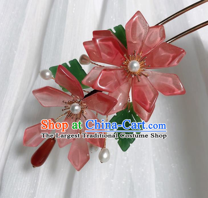 Chinese Handmade Red Mangnolia Hairpin Traditional Ming Dynasty Palace Lady Hair Stick
