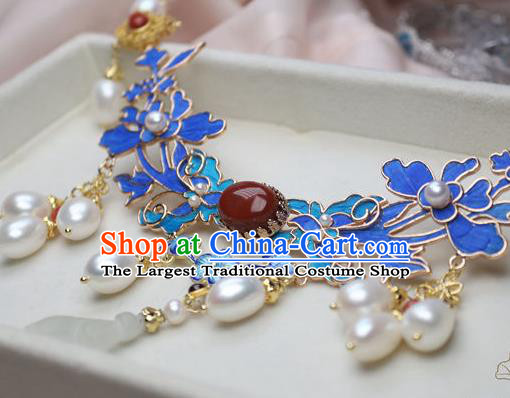 China Traditional Ming Dynasty Jade Mangnolia Tassel Necklet Accessories Handmade Hanfu Blueing Necklace