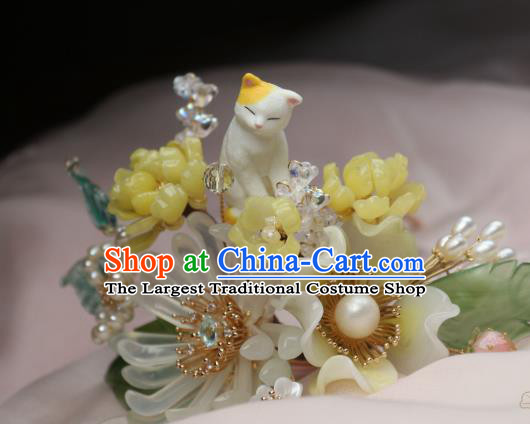 Chinese Handmade Cat Hairpin Traditional Ancient Princess Chrysanthemum Hair Stick Headpiece