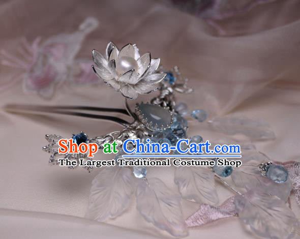 Chinese Handmade White Chalcedony Hairpin Traditional Ancient Princess Argent Lotus Hair Comb