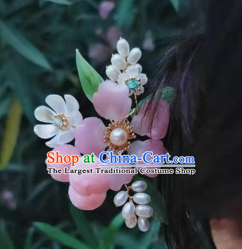 Chinese Handmade Peach Flower Hairpin Traditional Ancient Princess Pearls Hair Stick