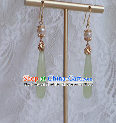 China Traditional Hanfu Green Earrings Ancient Ming Dynasty Princess Pearl Eardrop Jewelry