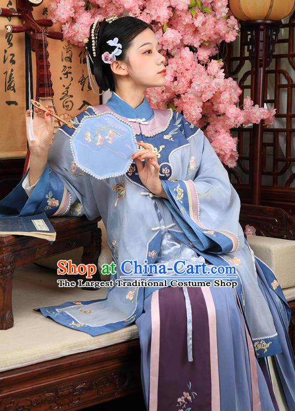 China Ancient Landlord Consort Blue Dress Garment Traditional Qing Dynasty Rich Female Clothing