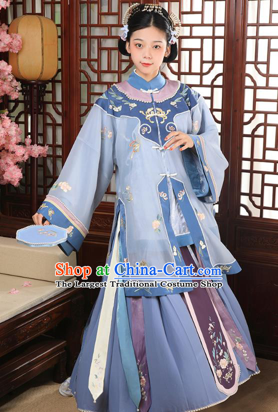China Ancient Landlord Consort Blue Dress Garment Traditional Qing Dynasty Rich Female Clothing