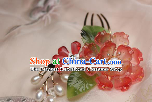 Chinese Handmade Red Peony Hair Comb Traditional Ancient Princess Shell Hair Stick