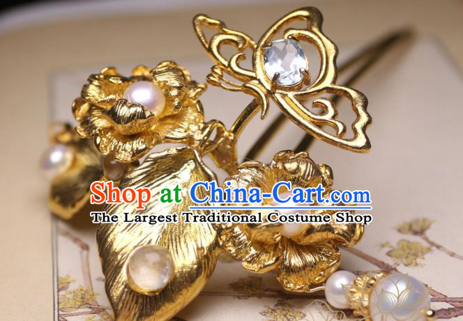 Chinese Handmade Golden Hibiscus Hair Stick Traditional Ancient Princess Pearls Hairpin