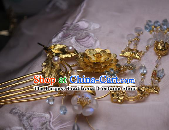 Chinese Handmade Tassel Hair Comb Traditional Ancient Princess Golden Lotus Hairpin