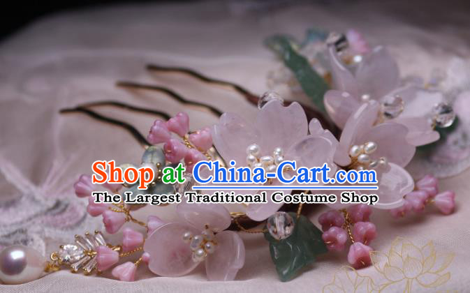 Chinese Handmade Sakura Hair Comb Traditional Ancient Princess Rose Quartz Hairpin Headwear