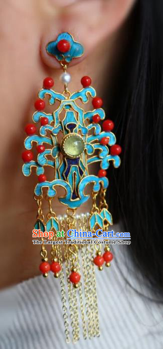 China Traditional Cheongsam Golden Tassel Earrings Classical Red Beads Ear Jewelry
