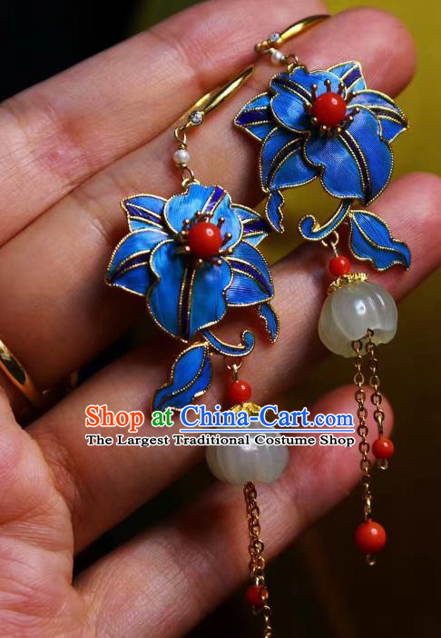 China Classical Jade Ear Jewelry Traditional Cheongsam Blueing Flower Tassel Earrings