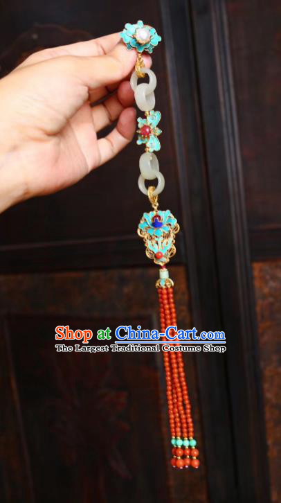 China Handmade White Jade Brooch Jewelry Traditional Qing Dynasty Court Bluieing Accessories Tassel Pendant