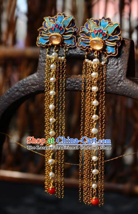 China Classical Topaz Ear Jewelry Traditional Cheongsam Blueing Pearls Tassel Earrings