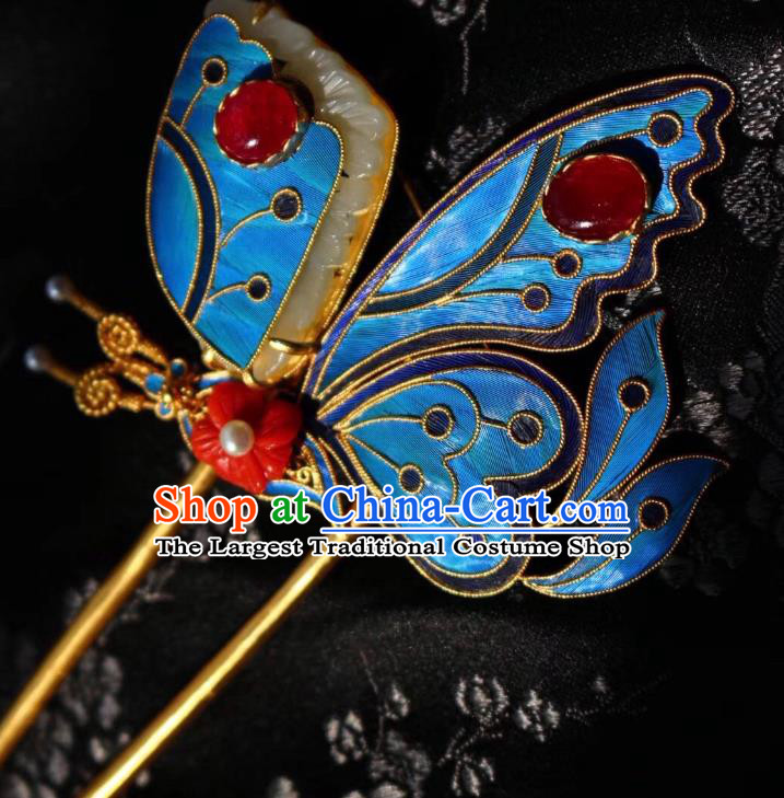 Chinese Handmade Garnet Hair Stick Traditional Ancient Qing Dynasty Cloisonne Butterfly Hairpin