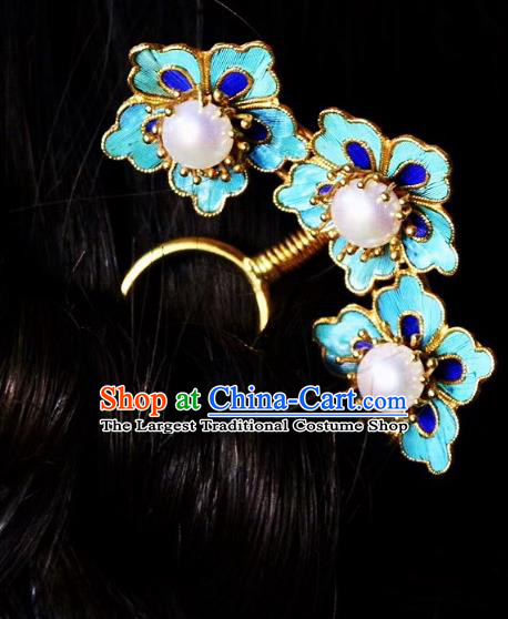 Chinese Handmade Blueing Plum Blossom Hair Stick Traditional Ancient Qing Dynasty Palace Pearls Hairpin