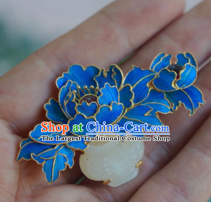 China Handmade Ancient Court Blue Peony Brooch Accessories Traditional Qing Dynasty Jade Breastpin Jewelry