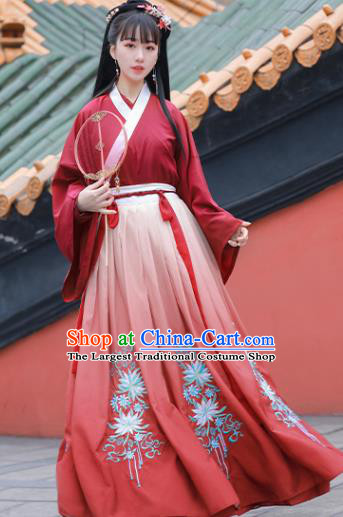 China Ancient Female Swordsman Red Hanfu Dress Clothing Traditional Jin Dynasty Young Lady Wedding Costumes Full Set