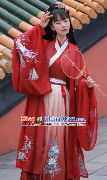 China Ancient Female Swordsman Red Hanfu Dress Clothing Traditional Jin Dynasty Young Lady Wedding Costumes Full Set