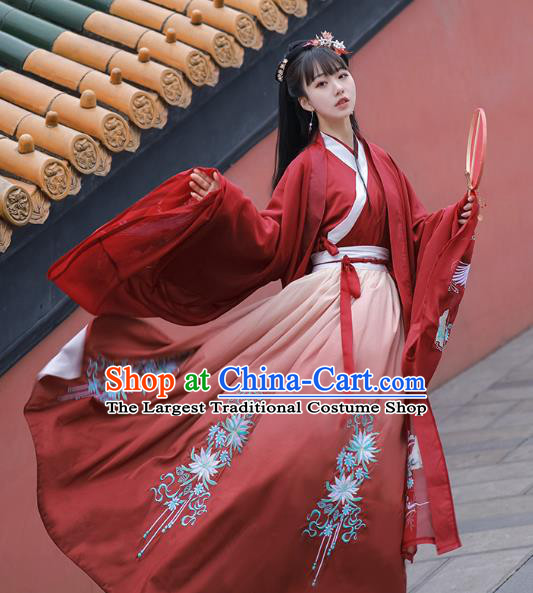 China Ancient Female Swordsman Red Hanfu Dress Clothing Traditional Jin Dynasty Young Lady Wedding Costumes Full Set