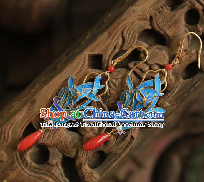 Chinese Traditional Qing Dynasty Blueing Orchids Earrings Jewelry Ancient Empress Agate Ear Accessories