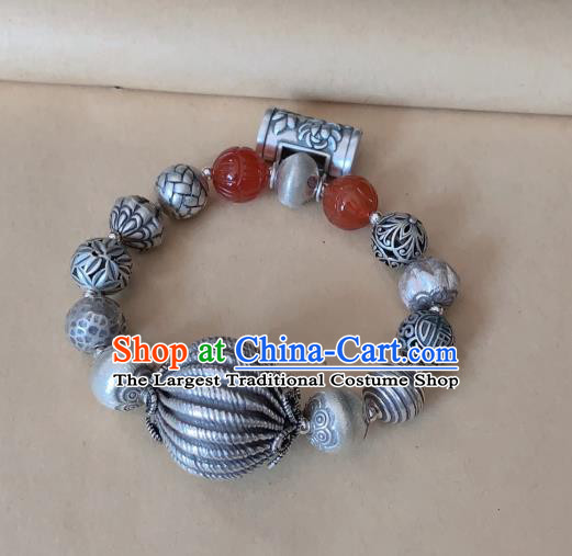 Handmade Chinese Agate Carving Wristlet Accessories Ethnic Bangle National Silver Lock Bracelet