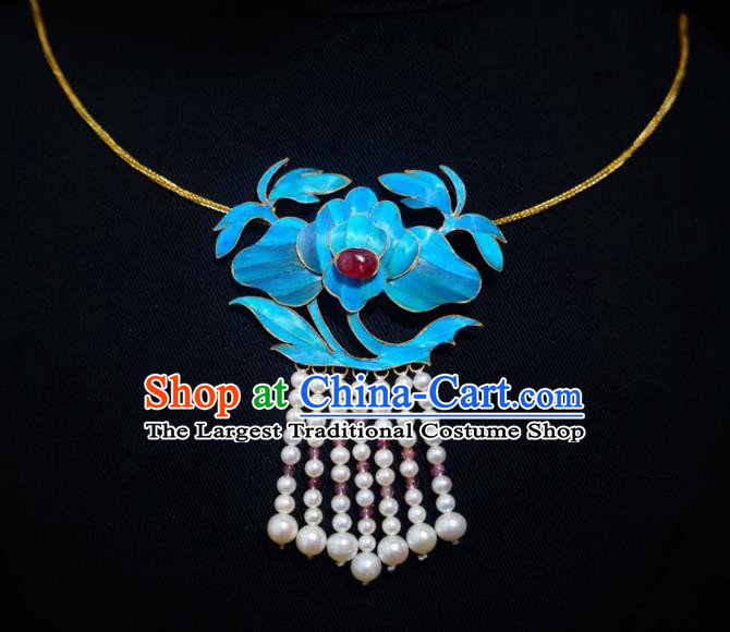China Traditional Pearls Tassel Necklace Jewelry Accessories Qing Dynasty Cloisonne Lotus Necklet Pendant