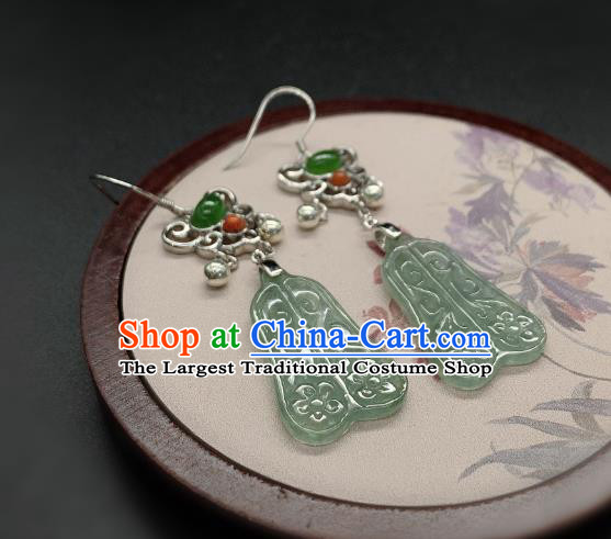China Traditional Silver Ear Accessories National Cheongsam Jadeite Palm Fan Earrings Jewelry