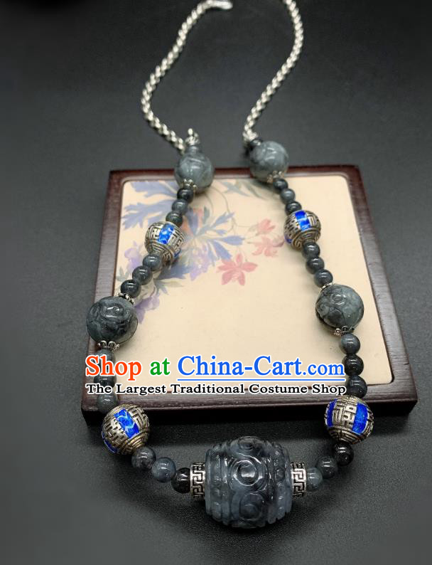 Handmade Chinese Blueing Silver Necklace Accessories National Black Jade Necklet Pendant