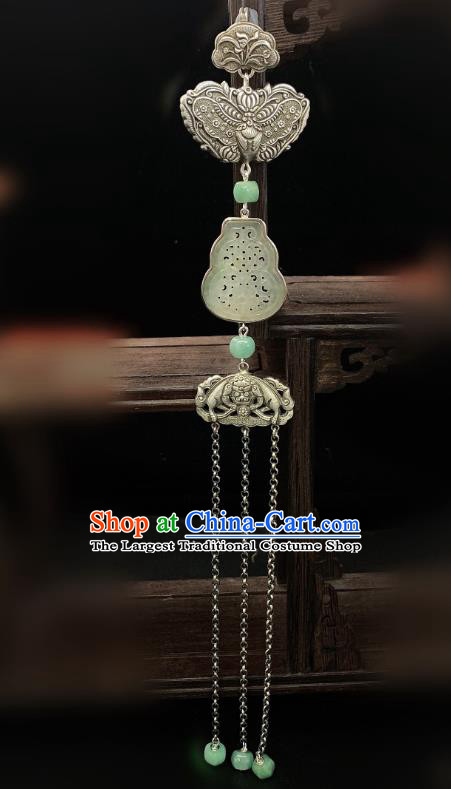 Handmade Chinese Silver Butterfly Brooch Accessories National Jade Gourd Tassel Pendant