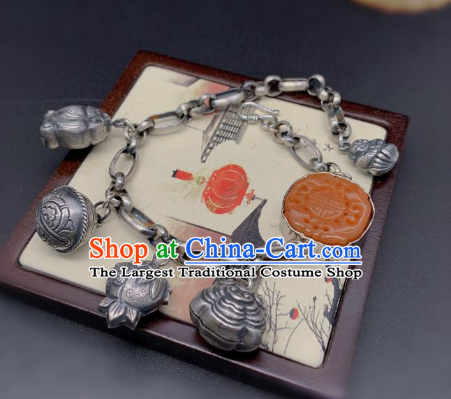 Handmade Chinese National Agate Carving Bracelet Wedding Silver Wristlet Accessories