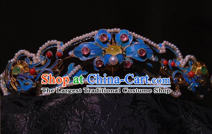 Chinese Ancient Ming Dynasty Empress Tourmaline Hair Crown Traditional Hair Jewelry Pearls Hairpin