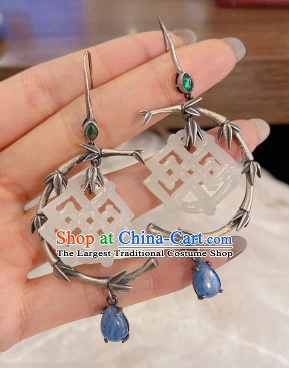 China Classical Silver Bamboo Earrings Traditional Handmade Hetian Jade Ear Accessories