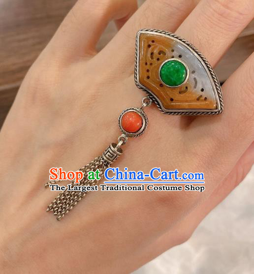 Chinese Handmade National Jadeite Circlet Wedding Jewelry Silver Tassel Finger Ring