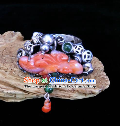 Chinese Handmade Agate Carving Ring National Jewelry Silver Gourd Circlet