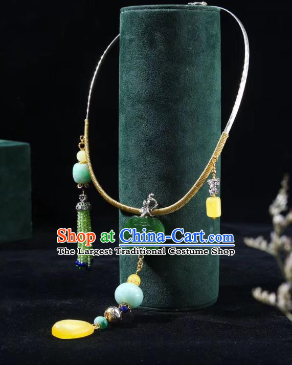 Handmade Chinese National Jadeite Necklace Traditional Beeswax Necklet Accessories