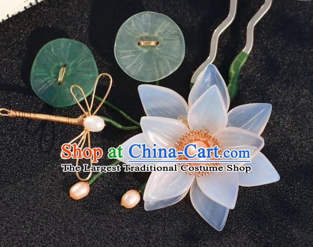 China Classical Pearls Hairpin Traditional Hair Accessories Hanfu White Lotus Hair Stick