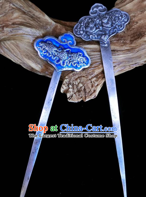 China Traditional Hair Accessories Classical Silver Carving Bat Hairpin Handmade Blueing Hair Stick