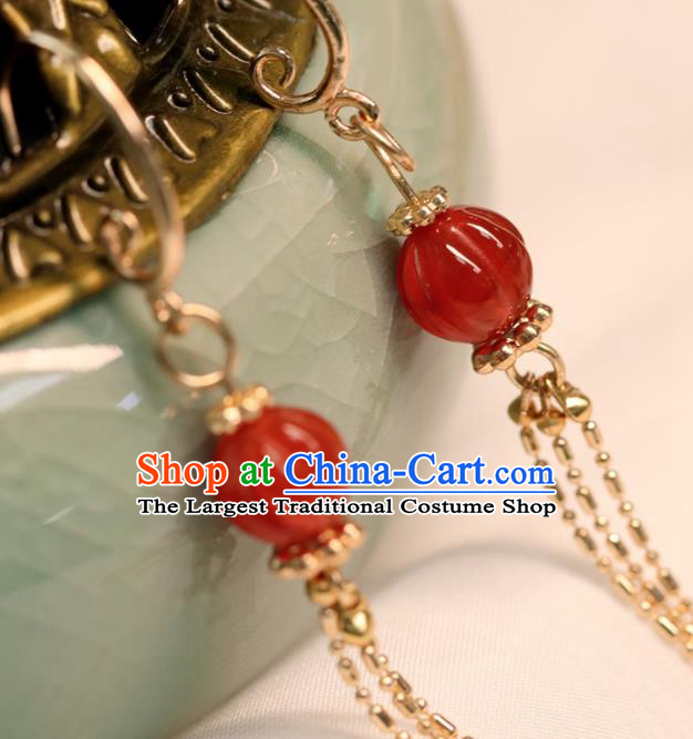 Chinese Handmade Golden Tassel Ear Accessories Traditional Song Dynasty Agate Lantern Earrings