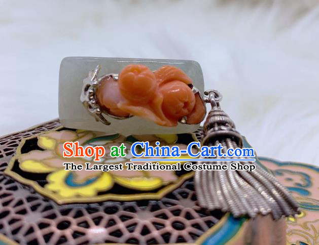 Chinese Handmade Hetian Jade Ring National Agate Jewelry Silver Tassel Circlet