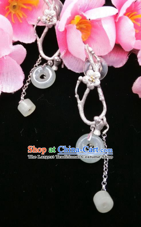 China Traditional Silver Plum Blossom Ear Accessories Handmade Classical Jade Peace Buckle Earrings