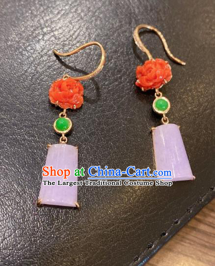 China Classical Pink Jade Earrings Traditional Handmade Agate Carving Peony Ear Accessories