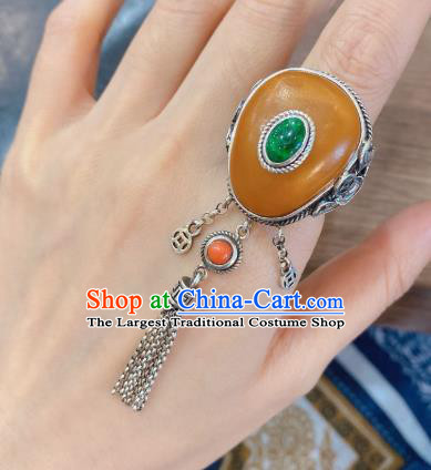 Chinese National Jewelry Beeswax Circlet Handmade Silver Tassel Finger Ring