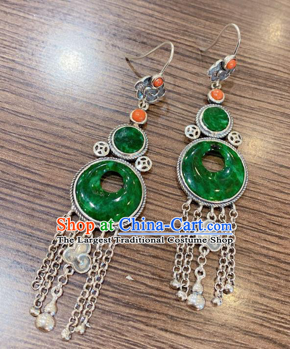 China Classical Jadeite Earrings Traditional Handmade Silver Tassel Ear Accessories