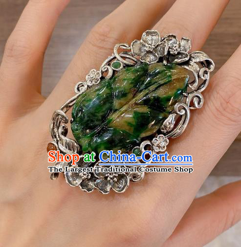 Chinese Jadeite Leaf Circlet Handmade Silver Tassel Finger Ring National Jewelry